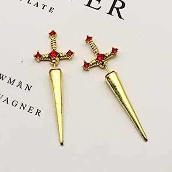 Gothic Sword Cool Punk Dagger Earrings Gold with Red‎ Crystal - Picture 1 of 5
